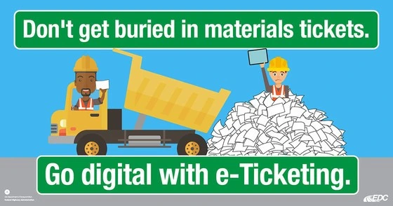 An infographic showing illustrated construction worker in a yellow truck dumping materials tickets into a big pile on top of another illustrated construction worker.